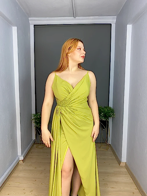 Yağ Yeşili Büyük Beden Askılı Bel Şerit Boncuk  Detaylı Uzun Abiye