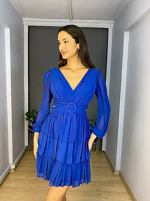 Sax Sırt Dekolteli Uzun Kollu Etek Kat Kat Şifon Kısa Abiye Elbise