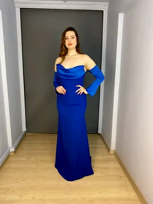Sax Straplez Balık Portatif Kollu Uzun Abiye Elbise