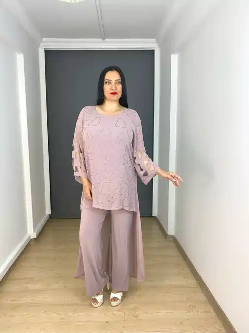 Lila Büyük Beden İç Likralı Üst Şifon Tulum Abiye