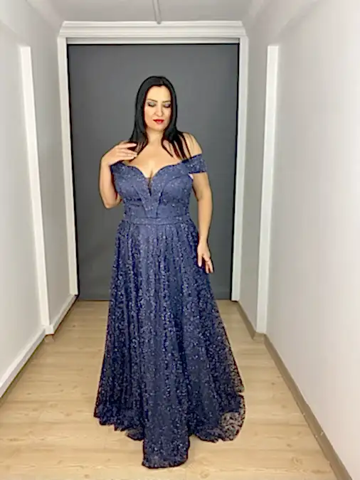 Lacivert Büyük Beden Madonna Yaka Simli Kloş Uzun Abiye Elbise 