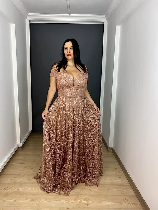 Pudra Büyük Beden Madonna Yaka Simli Kloş Uzun Abiye Elbise 