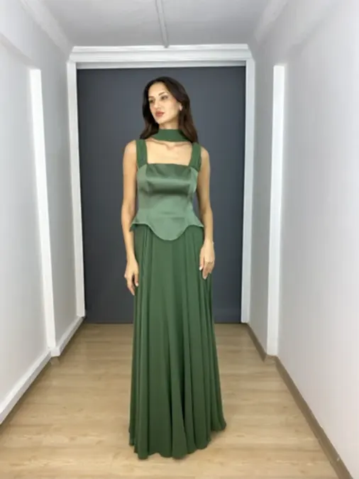 Haki Üst Saten Korsajlı Straplez Asklı Şifon Uzun Abiye Elbise