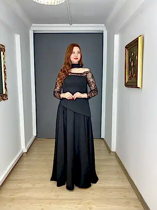 Siyah Büyük Beden Madonna Yaka Uzun Kollu Korsajlı Uzun Abiye Elbise