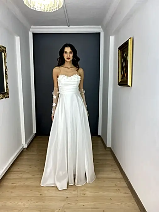 Kemik Straplez Organze Saten Yaka Çiçek Detaylı Nişanlık Abiye Elbise