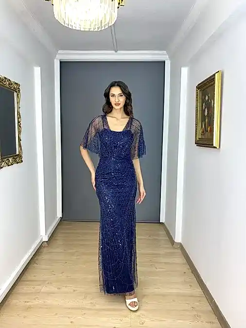 Lacivert Yarasa Kollu V Yaka Boncuk Gecişli Uzun Abiye Elbise