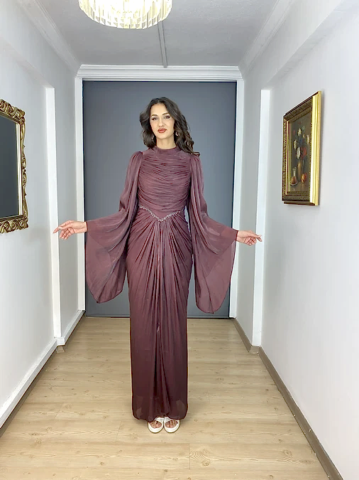 Bordo Tesettür  İpek Şifon Yarasa Kollu Drapeli Abiye Elbise