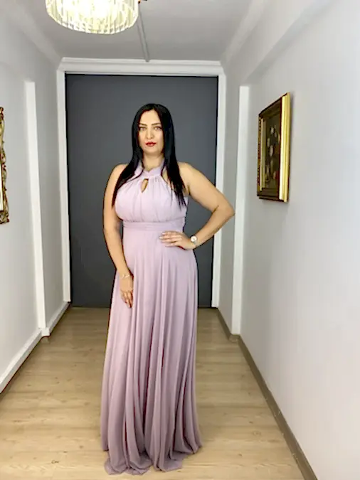 Lavanta Büyük Beden Tül Halter Kol Uzun Abiye Elbise