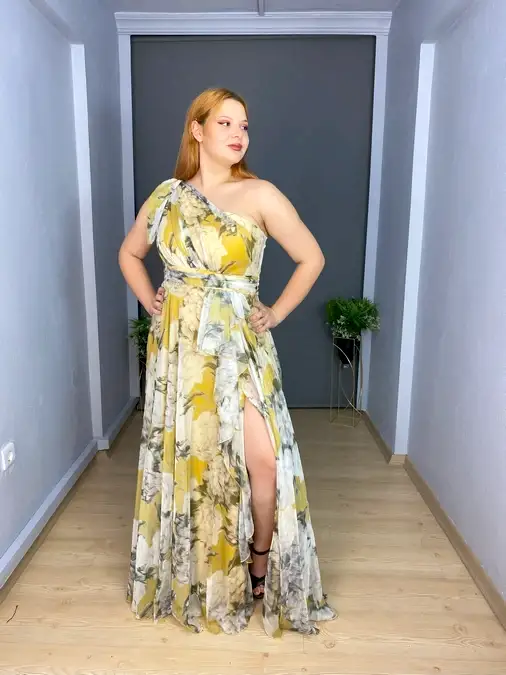Sarı Büyük Beden  Desenli Şifon Tek Omuz Uzun Abiye