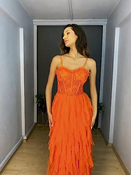 Orange Bel Güpür Transparan Detaylı Etek Kat Kat Uzun Abiye
