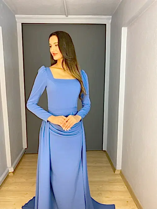 İndigo Kare Yaka Uzun Kollu Portatif Etekli Uzun Abiye Elbise