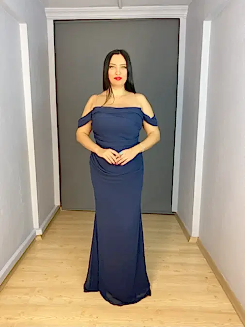 Lacivert Büyük Beden Kayık Yaka Şifon Uzun Abiye Elbise
