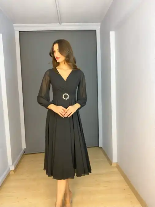 Siyah Şifon Uzun Kollu  V Yaka Midi Abiye Elbise
