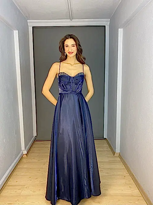 Lacivert İp Askılı Göğüs Kristal Boncuk İşli Organze Saten Uzun Abiye Elbise