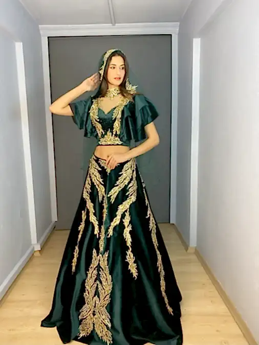 Zümrüt Kadife hint İkili Bindallı Kaftan Kınalık