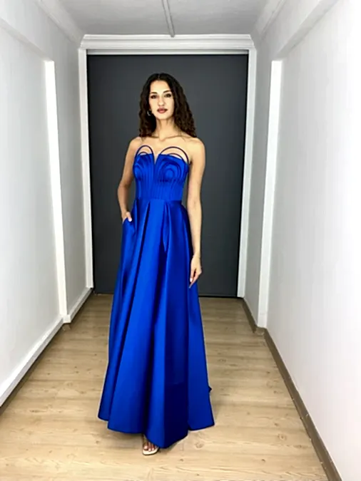 Sax Saten Pileli Cepli Straplez Yaka Detaylı Uzun Abiye Elbise