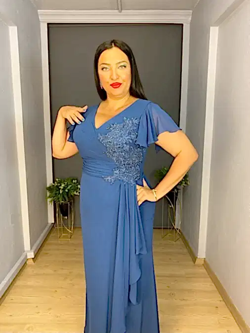 Büyük Beden İndigo Yan Detay  Motif İşli Şifon Uzun Abiye