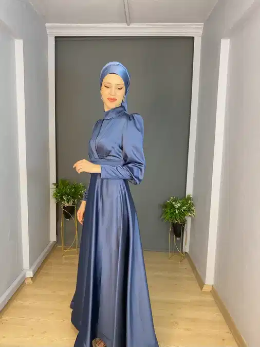 İndigo Tesettür Saten Balon kol  Abiye Elbise
