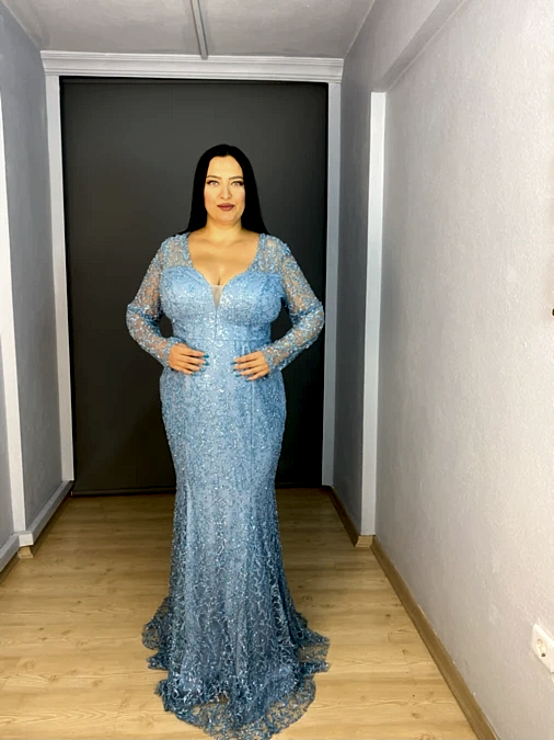 Bebe Mavisi Büyük Beden Uzun Kollu V Yaka Balık Abiye Elbise