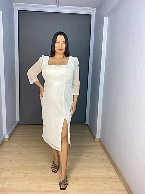 Beyaz Büyük Beden Kısa Kare Yaka Truvakar Kol Abiye Elbise 