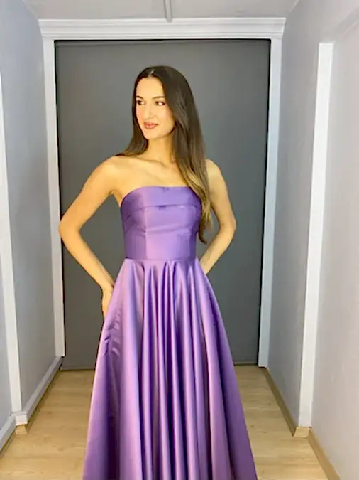 Mor Midi Saten Cep Detaylı Straplez Abiye Elbise