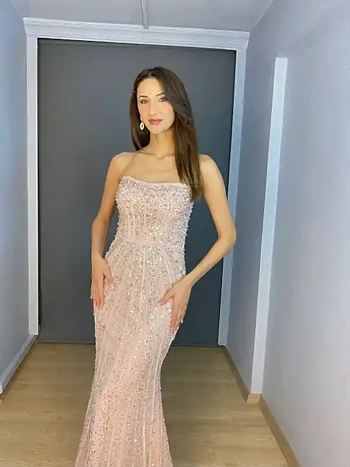 Pudra Straplez İnci Taş İşli Tasarım Balık Uzun Abiye Elbise