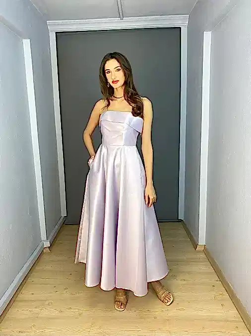 Lila Saten Midi Kloş İp Askılı Cep Detaylı Abiye Elbise