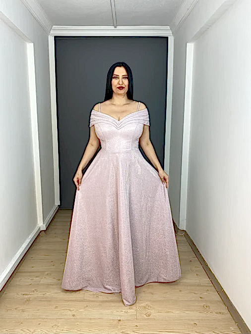 Pudra  Büyük Beden Madonna Yaka A Kesim Simli Uzun Abiye Elbise