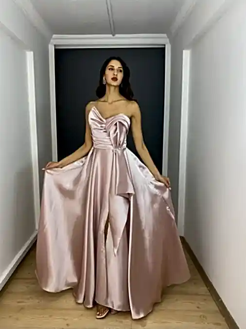 Beyaz Organze Saten Straplez Broş Detaylı Yırtmaçlı Uzun Abiye Elbise