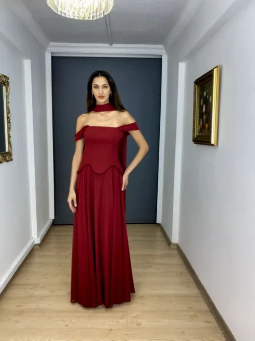 Bordo Askılı Straplez Bel Korsajlı Üst Krep Alt Şifon Uzun Abiye Elbise
