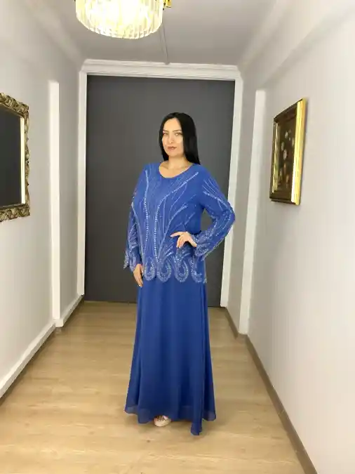 İndigo Büyük Beden Uzun Kollu Üst Taş İşlemeli Uzun Abiye Elbise