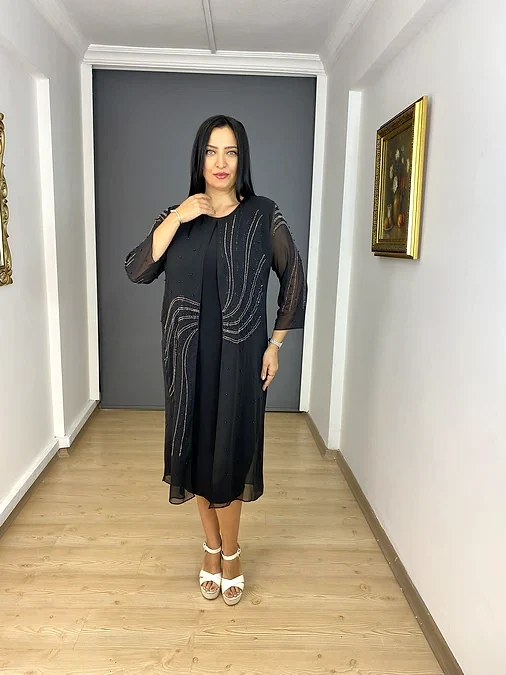 Lacivert Büyük Beden İç Likralı Üst Şifon İnci Detaylı Yuvarlak Yaka Abiye Elbise