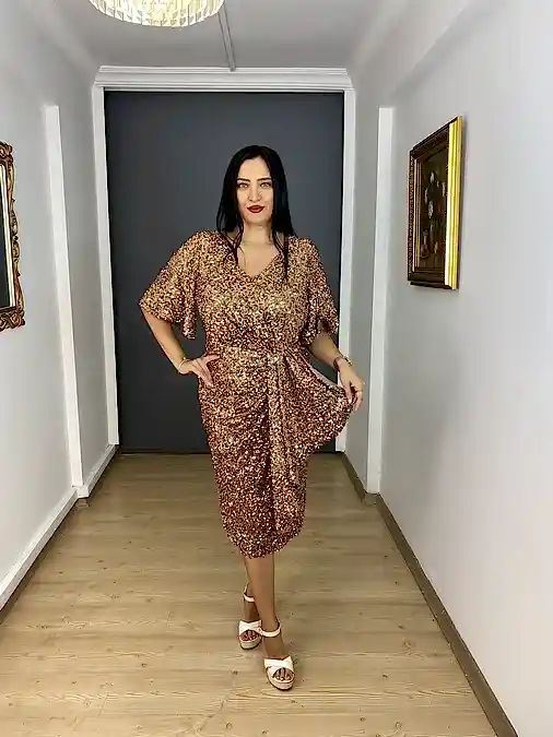 Bakır Payet Büyük Beden V Yaka Kısa Abiye Elbise