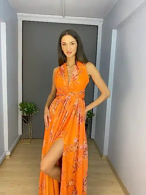 Orange Empirme Desen Sırt Dekolteli Uzun Abiye Elbise