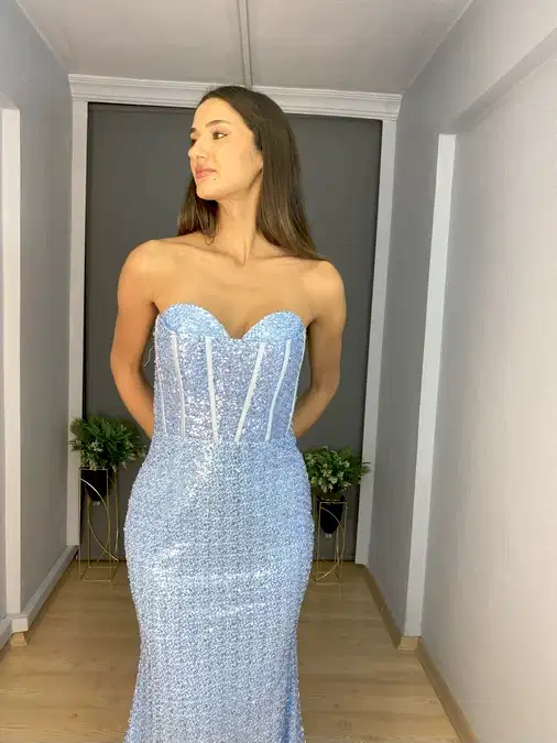 Bebe Mavisi Straplez Taş Boncuk Detaylı Balen Korse Uzun Abiye Elbise