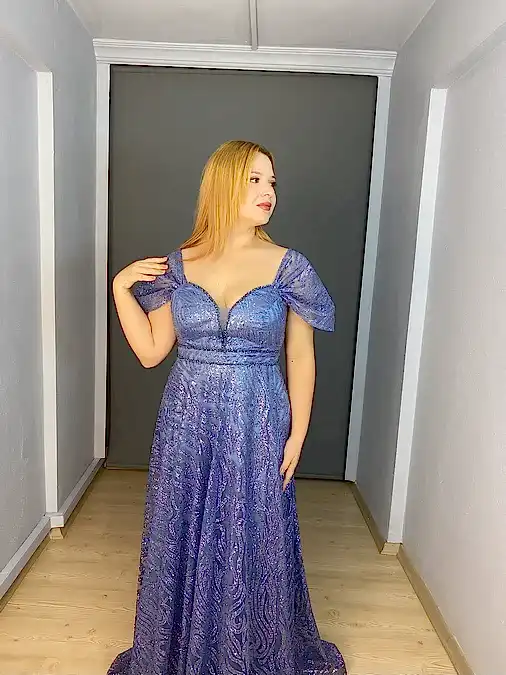 İndigo Büyük Beden Madonna Yaka Simli Bel Yaka Boncuk Detaylı Abiye Elbise