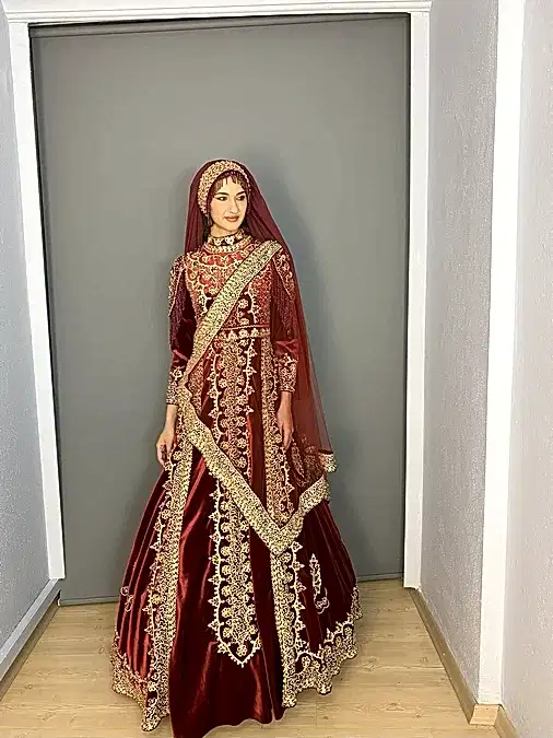 Bordo Kadife Tesettür Bindallı Kaftan Kınalık