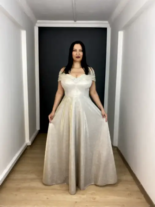 Bej Büyük Beden Madonna Yaka A Kesim Simli Uzun Abiye Elbise