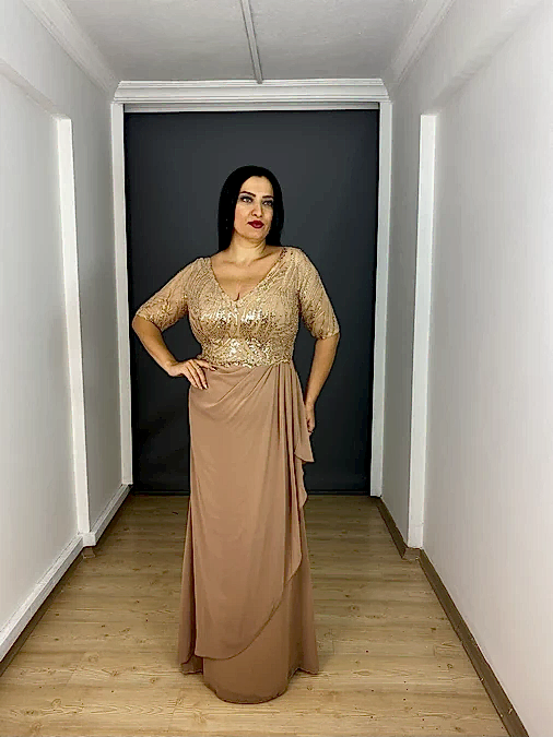Gold Büyük Beden V Yaka Yarım Kollu Şifon Uzun Abiye Elbise