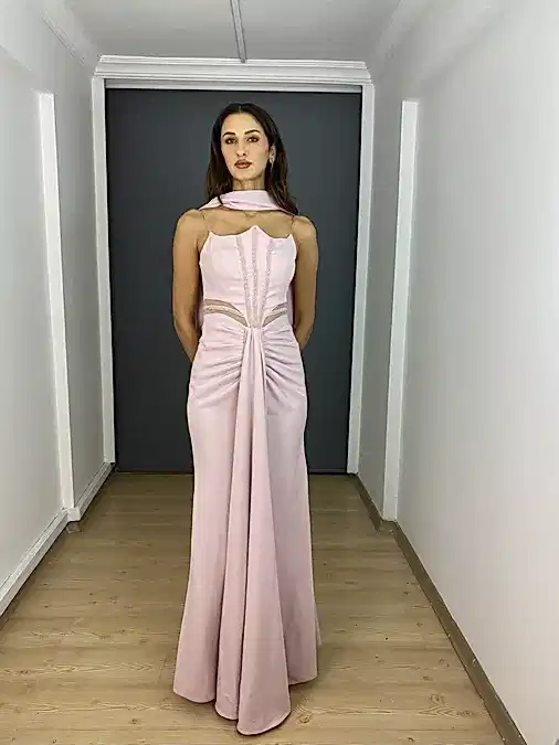 Pudra Straplez Bel Transparan Yırtmaçlı Krep Uzun Abiye Elbise