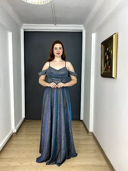 İndigo Büyük Beden A Kesim Sırtı Bağlamalı Simli Uzun Abiye Elbise