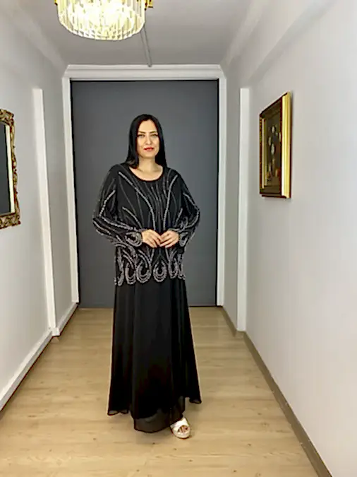 Siyah Büyük Beden Uzun Kollu Üst Taş İşlemeli Uzun Abiye Elbise