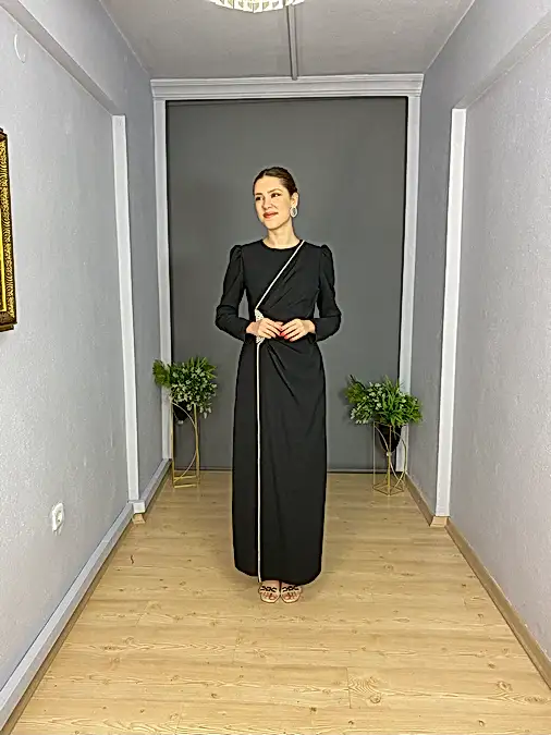 Siyah Tesettür Yan Şerit Taş Detaylı Abiye Elbise 