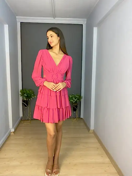 Fuşya Sırt Dekolteli Uzun Kollu Etek Kat Kat Şifon Kısa Abiye Elbise