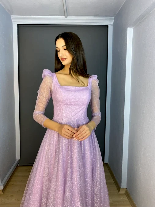 Lila Midi Kare Yaka Uzun Kollu Simli Tül Abiye Elbise