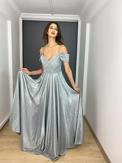Mint  Madonna Yaka Taş Askılı A Kesim Simli Uzun Abiye Elbise