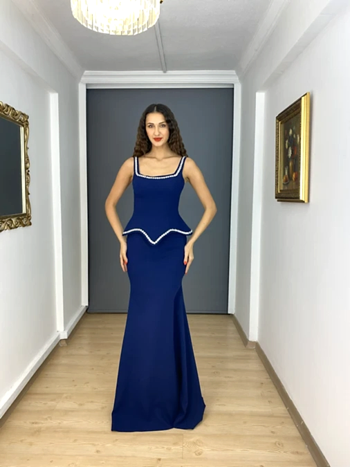 Lacivert Kare Yaka Taş Detaylı Bel Korsajlı Balık Uzun Abiye Elbise