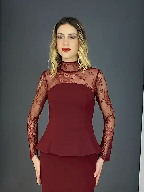 BORDO Dik Yaka Uzun Kollu Datel Detaylı Balık Uzun Abiye Elbise