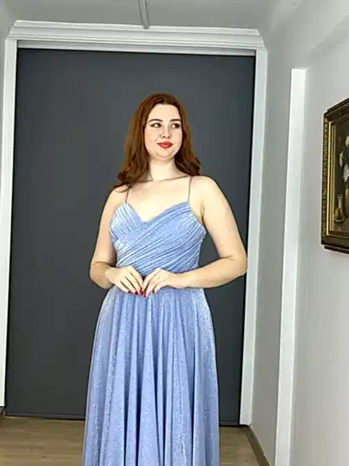 Bebe Mavisi Büyük Beden Simli Sırtı Bağlamalı Uzun Abiye Elbise