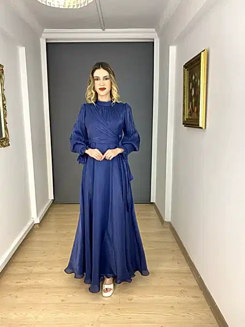 Lacivert Tesettür A Kesim Ön Detaylı Uzun Abiye Elbise